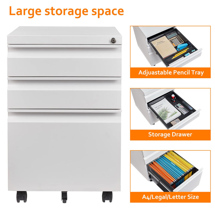 Rollcontainer Stahl abschliessbar 3 Schubladen 39x50x62 cm Weiss - Bild 4