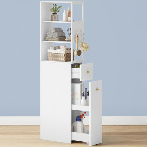 Badezimmerschrank schmal Weiss 40x20x140 cm mit Schubladen auf Rollen