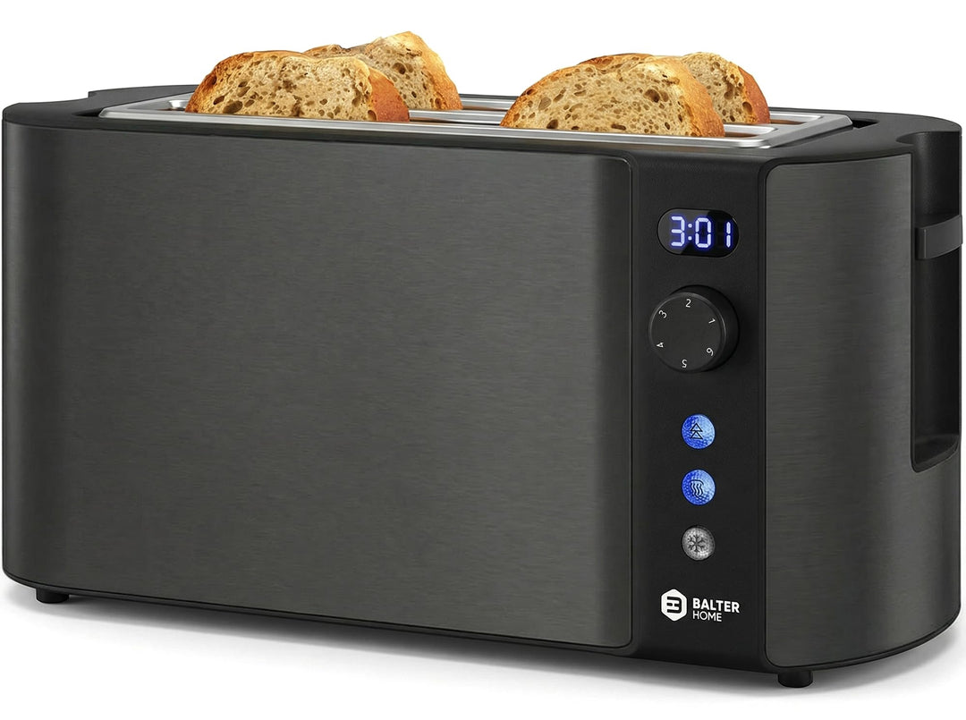 Langschlitz-Toaster 4 Scheiben Edelstahl mit LCD-Display und Brötchenaufsatz