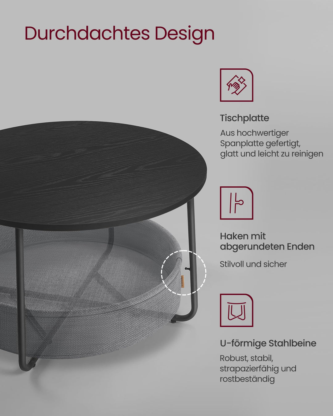 Couchtisch rund mit Stoffkorb 57,7 L Stahlrahmen Wohnzimmer - Bild 4