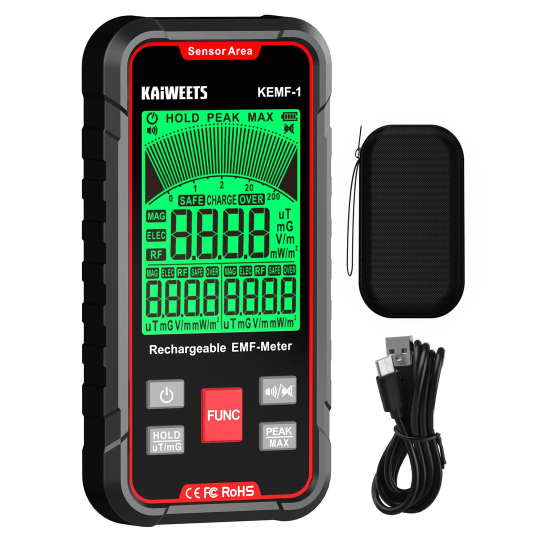 EMF-Messgerät 3-in-1 EF/MF/RF mit LCD-Display und USB-C Akku