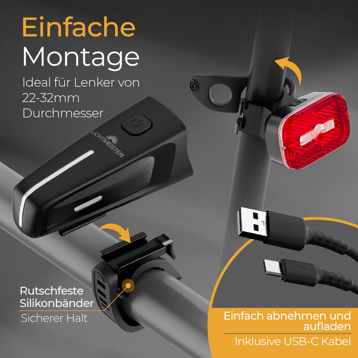 Fahrradlicht Set StVZO 100 Lux mit Bremslicht USB-C aufladbar - Bild 5