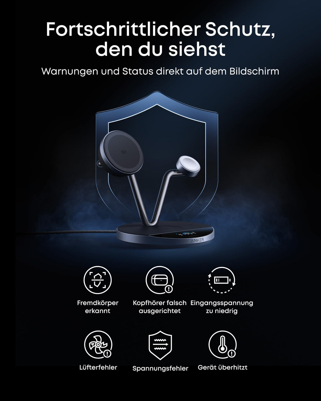 3-in-1 Ladestation Qi2 25W mit Display &amp; TEC-Aktivkühlung Schwarz - Bild 8