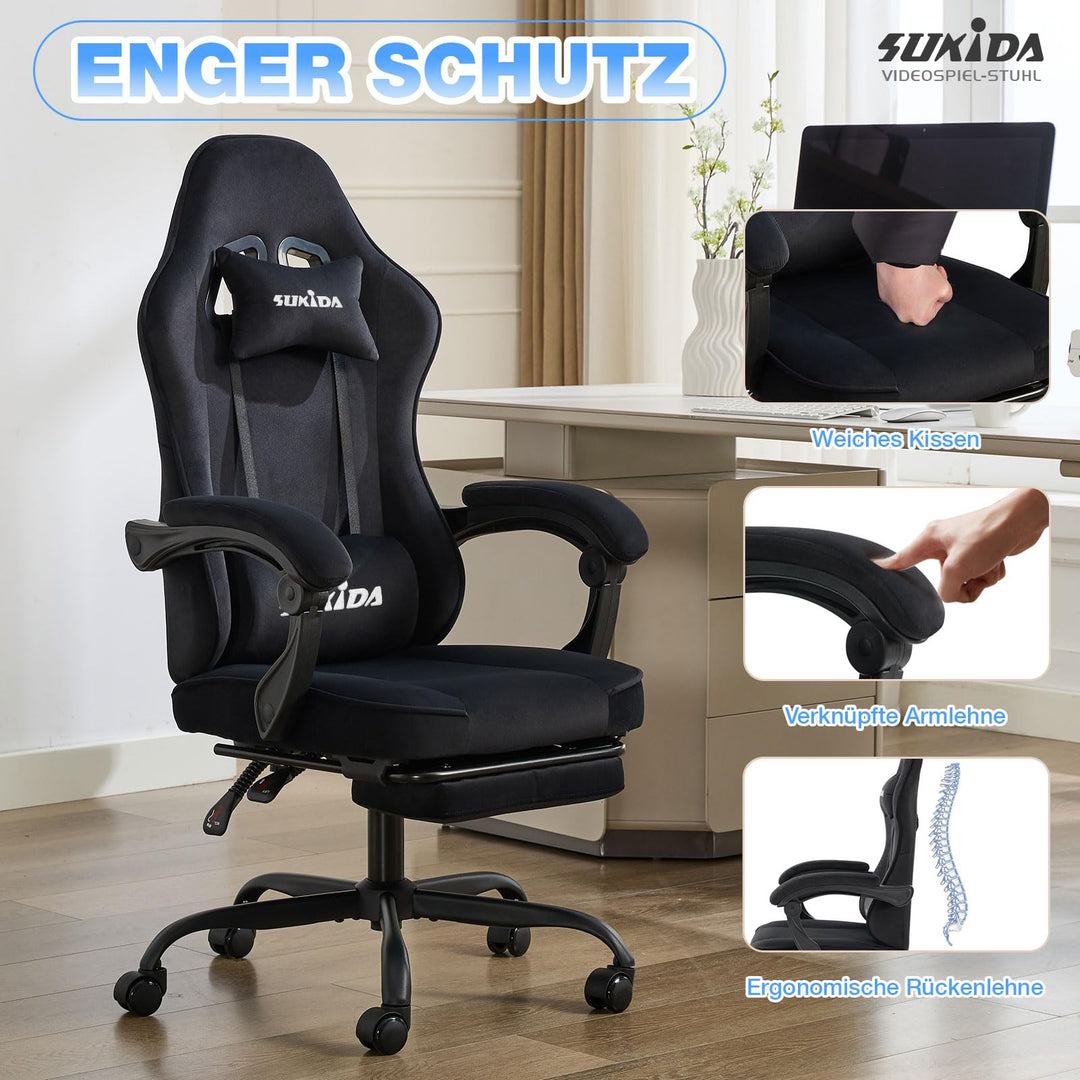 Gaming Stuhl Stoff ergonomisch mit Fussstütze und Lordosenstütze - Bild 6