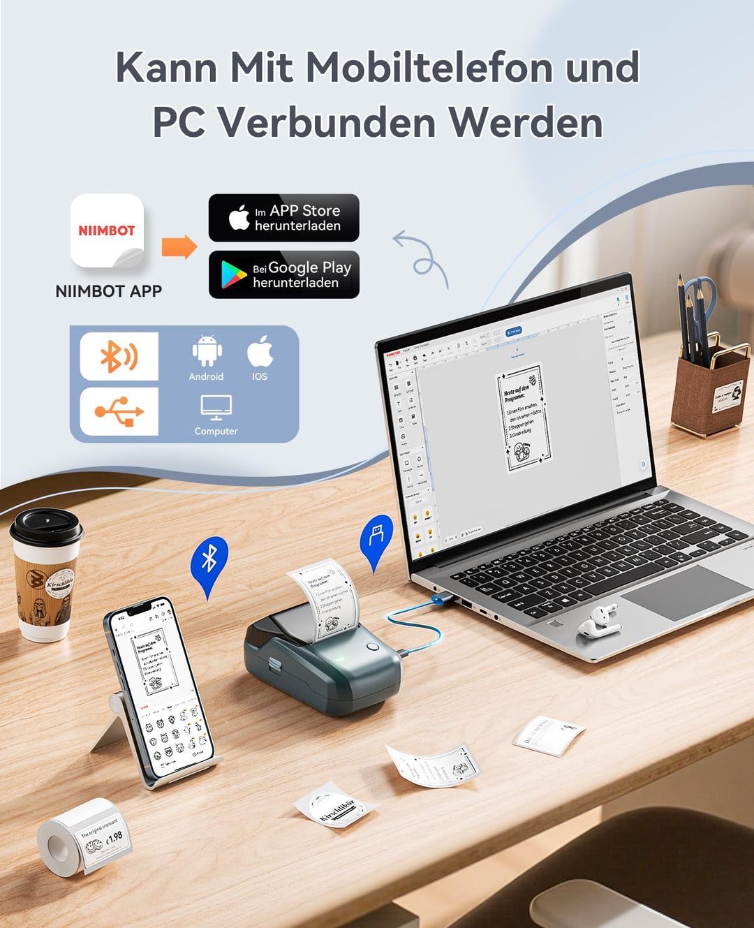 Etikettendrucker Thermodruck Bluetooth 50mm mit 3 Rollen wasserfest - Bild 6