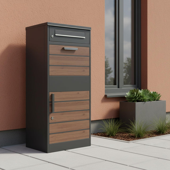 Paketbriefkasten Stahl Anthrazit mit Holzoptik und Paketfach - Bild 2