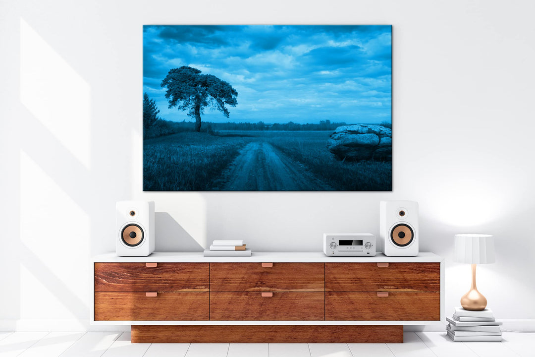 Leinwandbild Feldweg monochrom Blau 80x60 cm Echtholzrahmen - Bild 5
