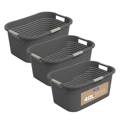 Wäschekorb 3er-Set 40 L Rattan-Optik Kunststoff stapelbar Anthrazit