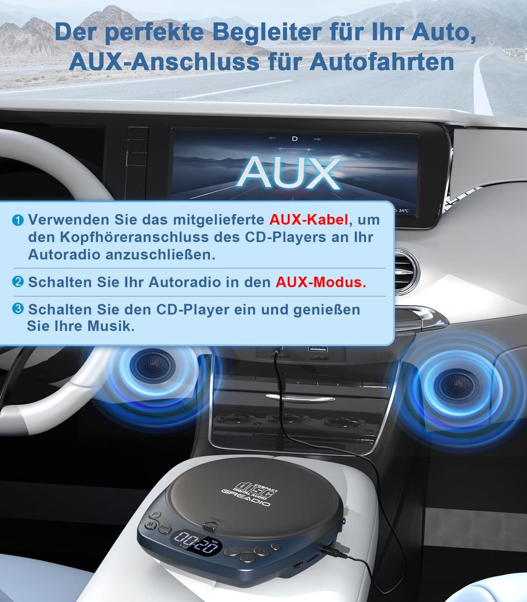 CD-Player tragbar wiederaufladbar mit Kopfhörer AUX TF-Karte - Bild 4