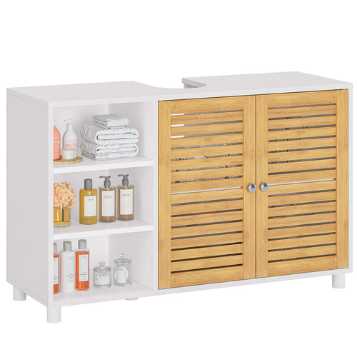 Waschbeckenunterschrank Bambus 90x60x30 cm mit 2 Türen 3 offene Fächer