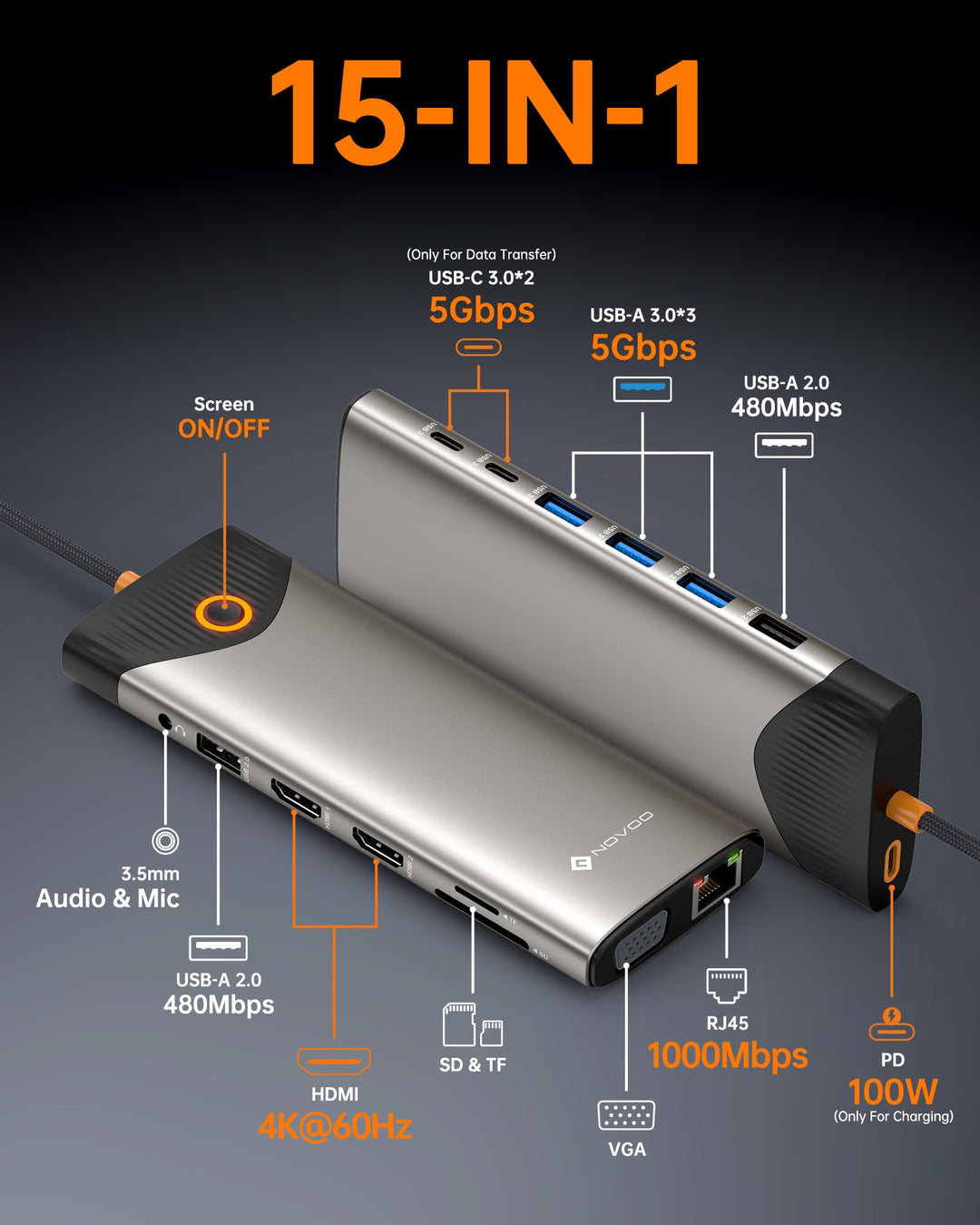 USB-C Docking Station 15-in-1 Triple Display 4K 100W für Laptop - Bild 2