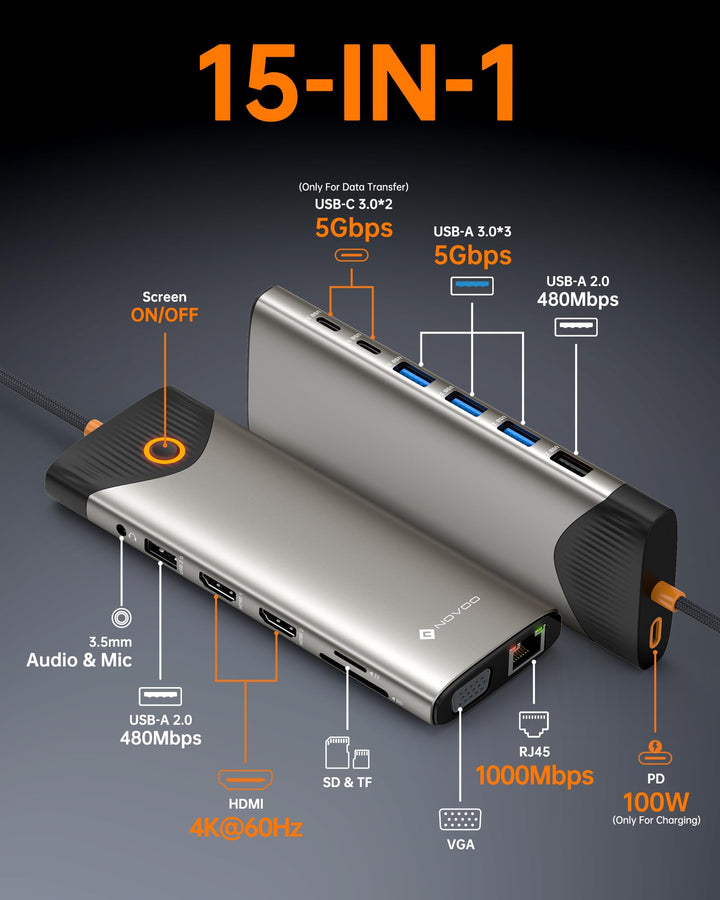 USB-C Docking Station 15-in-1 Triple Display 4K 100W für Laptop - Bild 2