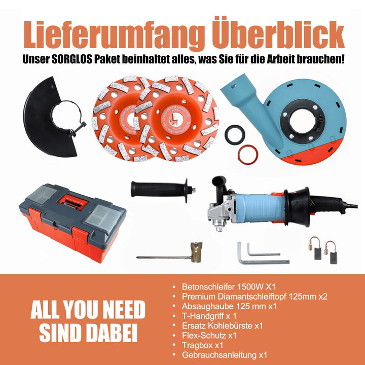 Betonschleifer 1500W 125mm mit Absaughaube und 2 Diamantschleiftöpfen - Bild 6