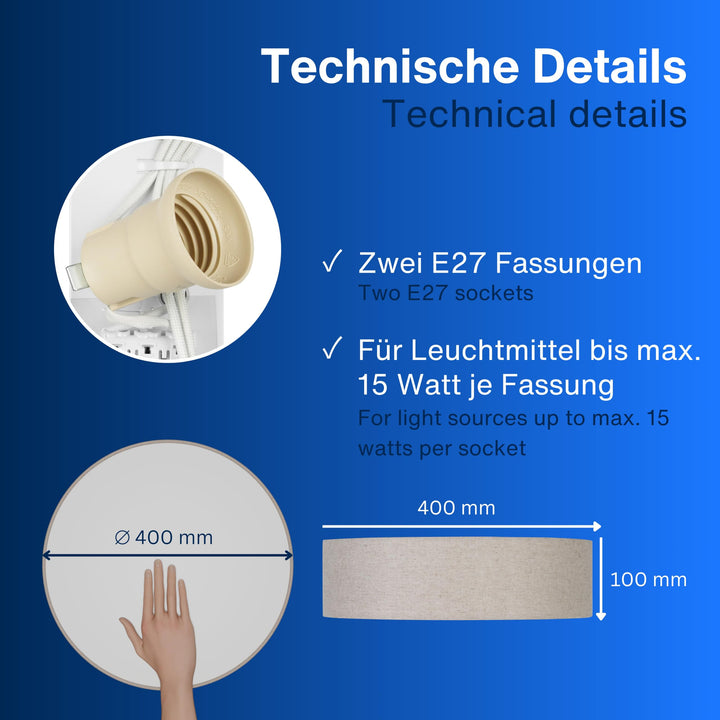 Deckenleuchte Vintage Leinenstoff Taupe 40cm 2x E27 flach - Bild 6
