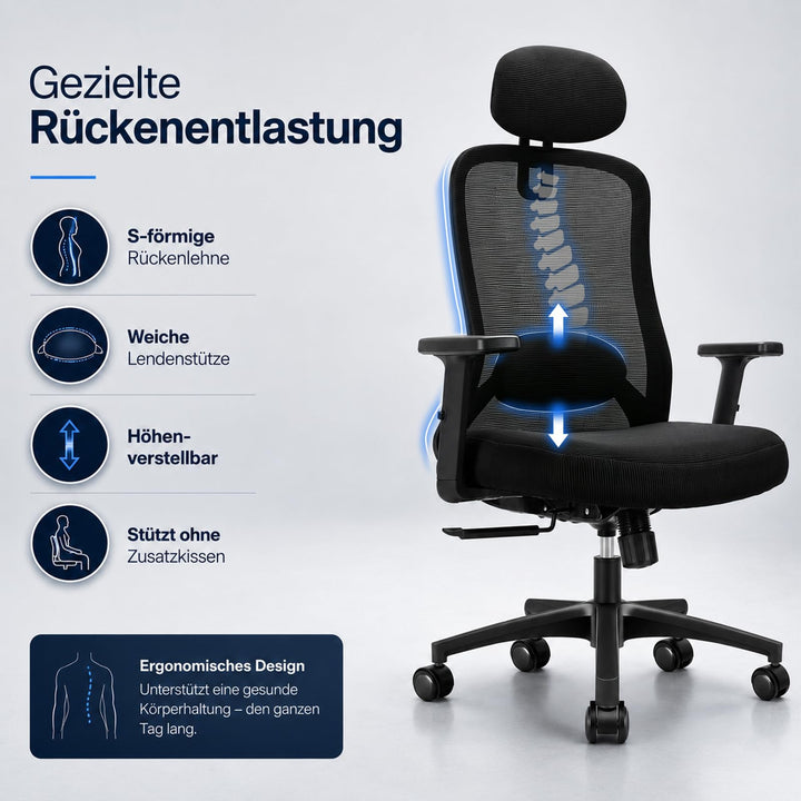 Bürostuhl ergonomisch Netz 4D-Lendenstütze Kopfstütze bis 150 kg - Bild 7