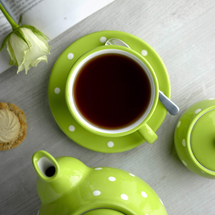 Keramik Kaffeetasse mit Untertasse 350ml Handgemacht Grün Weiß Dots - Bild 3