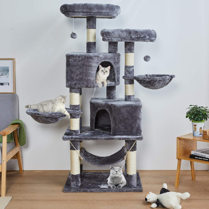 Kratzbaum gross mit 2 Hoehlen und Haengematte fuer grosse Katzen