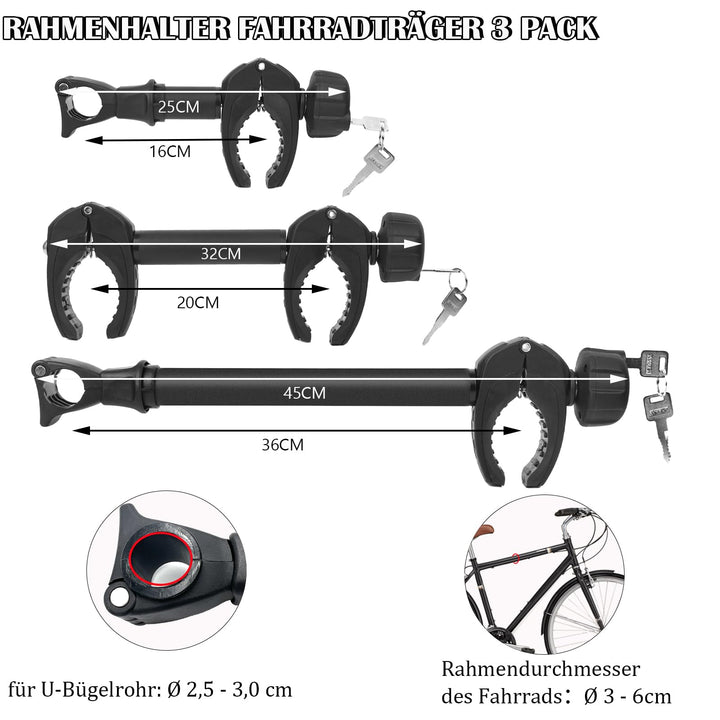 Fahrradträger Rahmenhalter Aluminium 3er-Set 25/32/45 cm mit Schloss - Bild 2