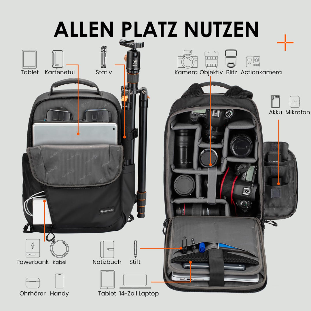 Kamerarucksack wasserdicht 14" Laptopfach 12 Fächer für DSLR - Bild 3