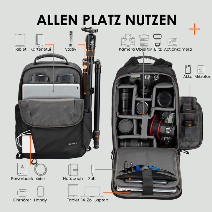 Kamerarucksack wasserdicht 14" Laptopfach 12 Fächer für DSLR - Bild 3