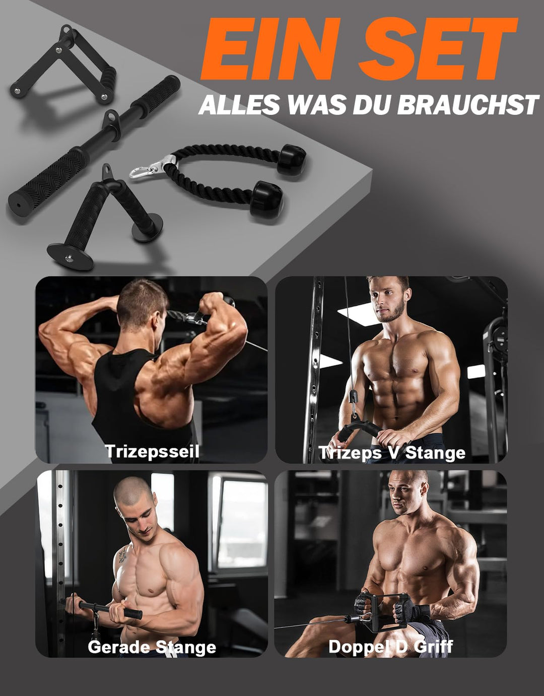 Kabelmaschinen-Zubehör Set 4-teilig Edelstahl für Oberkörpertraining - Bild 2