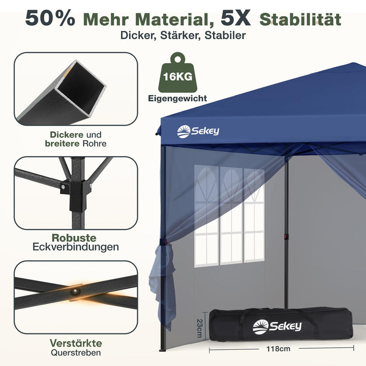 Faltpavillon 3x3 m Pop-Up 420D Oxford wasserdicht Navy 4 Seitenwaende - Bild 3