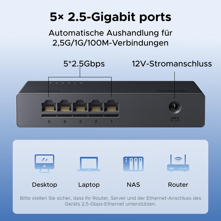 Netzwerk Switch 2.5G Unmanaged 5-Port lüfterlos Plug &amp; Play - Bild 3