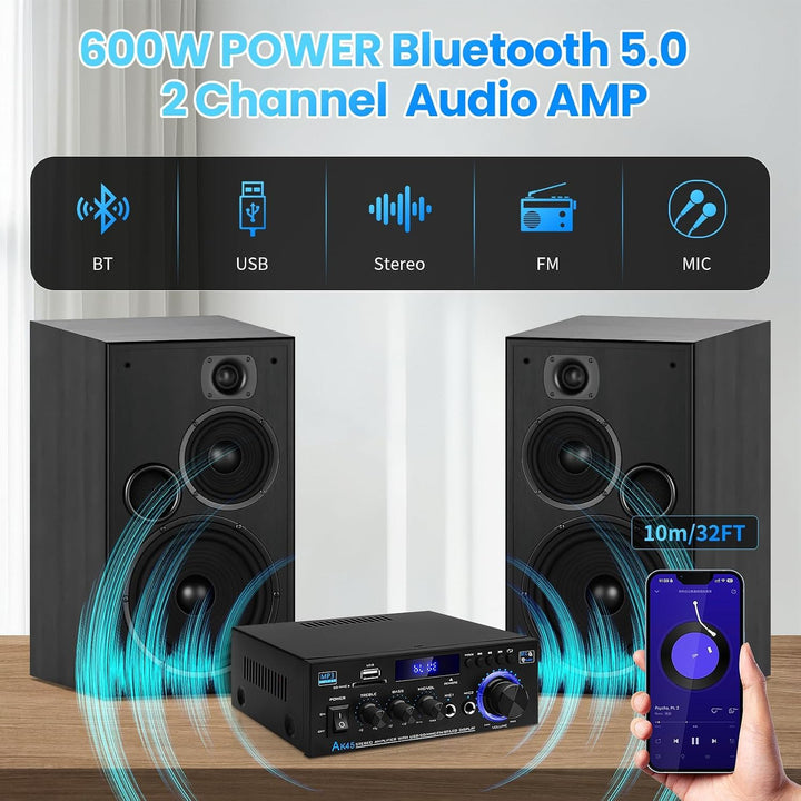 Stereo-Verstärker Bluetooth 5.0 HiFi 40W+40W mit FM-Radio Karaoke - Bild 2