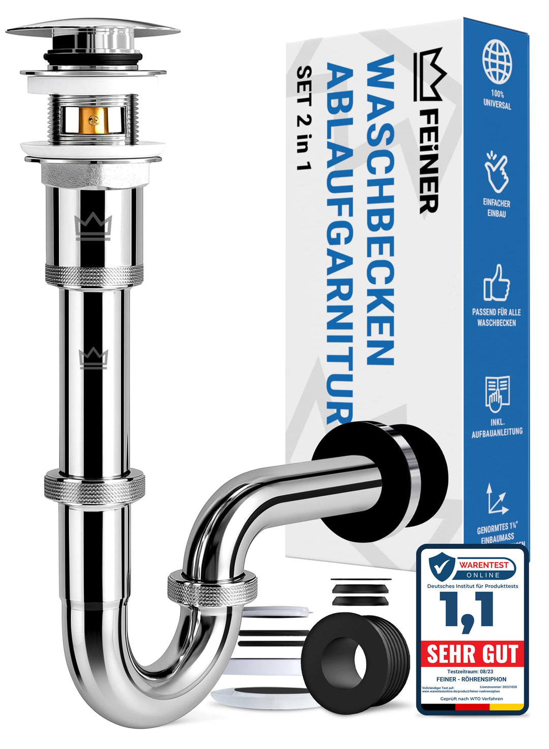 Waschbecken Ablaufgarnitur mit Siphon Edelstahl Komplett-Set mit Überlauf