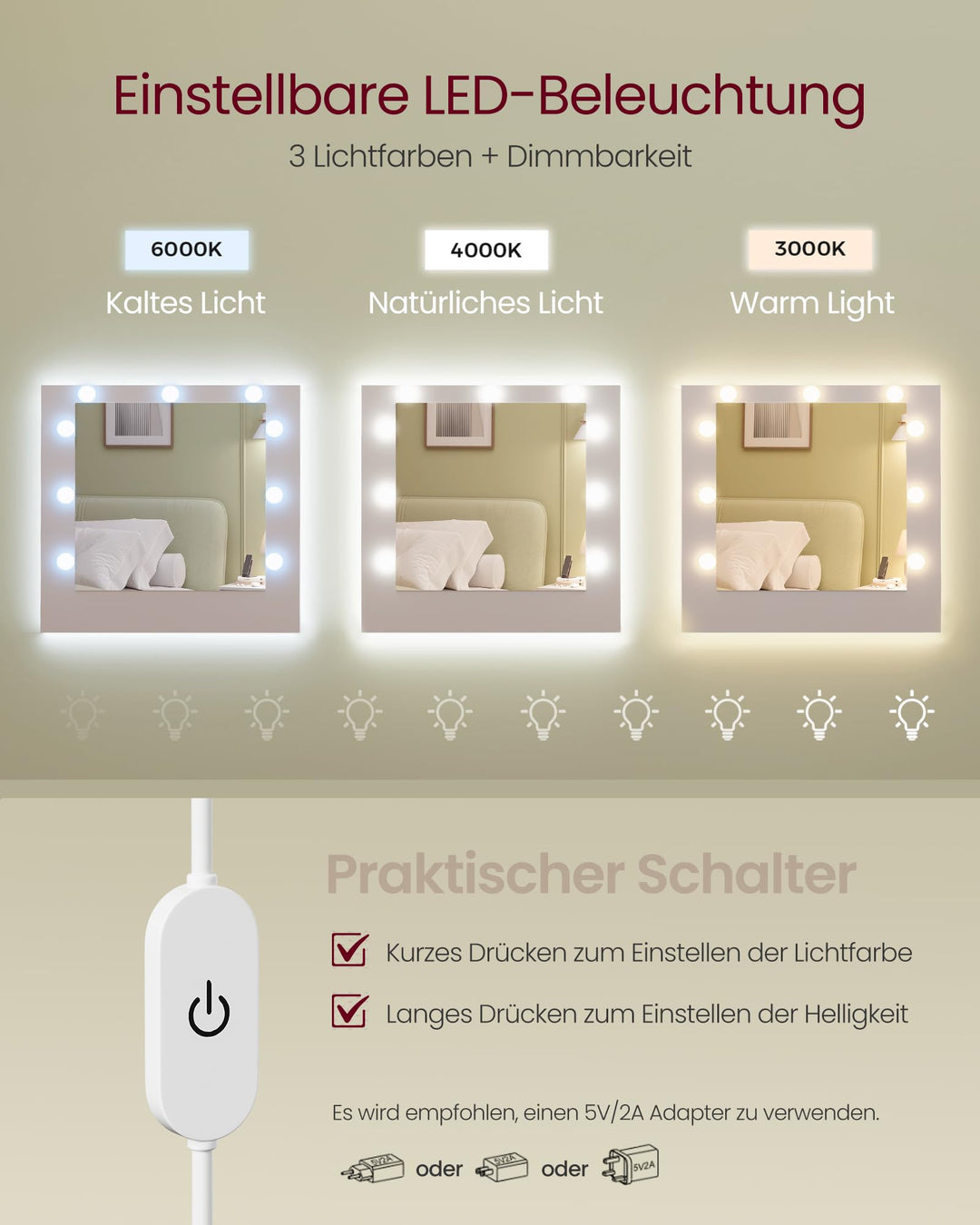 Schminktisch mit LED-Spiegel 3 Schubladen Wolkenweiß 107 cm - Bild 4