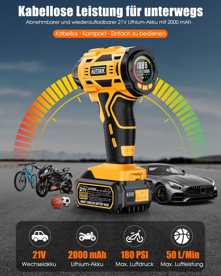 Akku-Kompressor 180 PSI mit LCD-Display für Auto, Fahrrad &amp; Ball - Bild 2