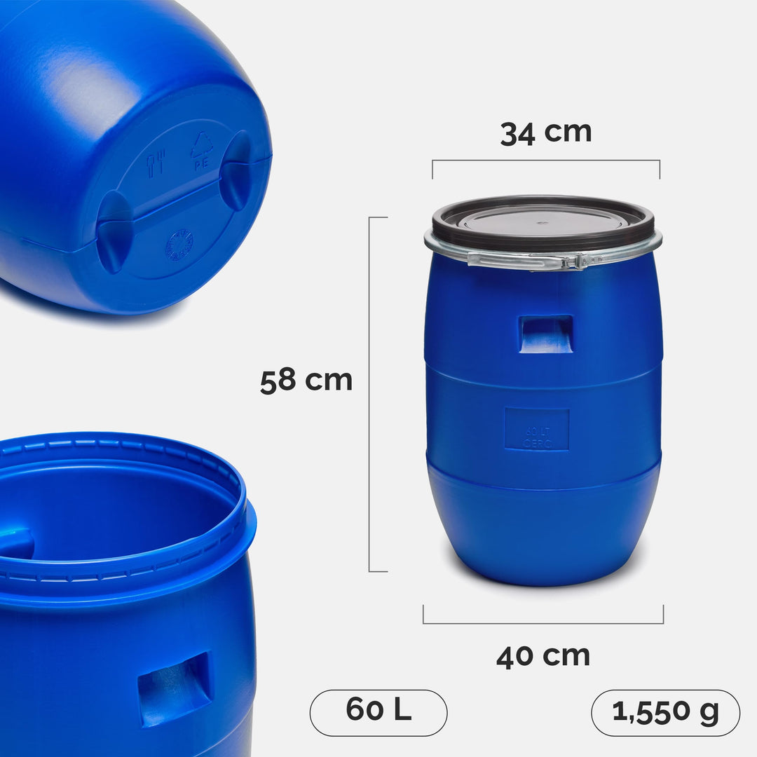 Weithalsfass 60L HDPE lebensmittelecht mit Metallspannring Blau - Bild 2