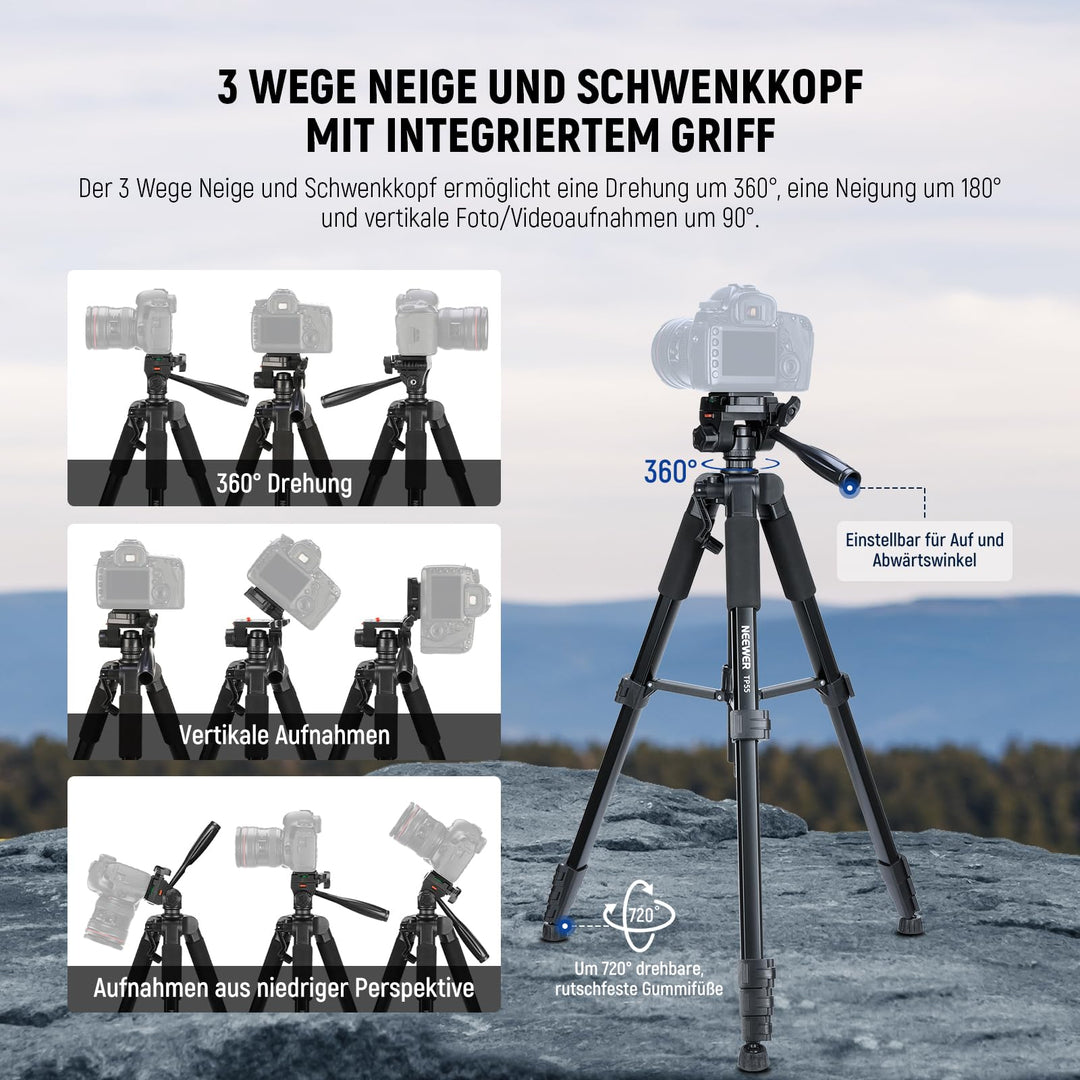 Kamera-Stativ Aluminium 2-in-1 mit Einbein 177cm 3-Wege-Kopf - Bild 3