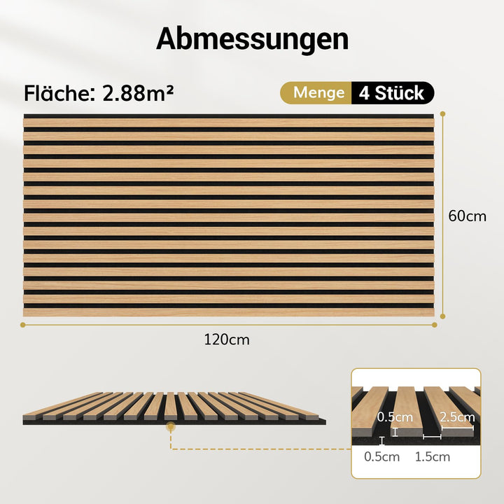 Akustik-Wandpaneele Holzfurnier Teak 4er-Set 120x60 cm Innenwand