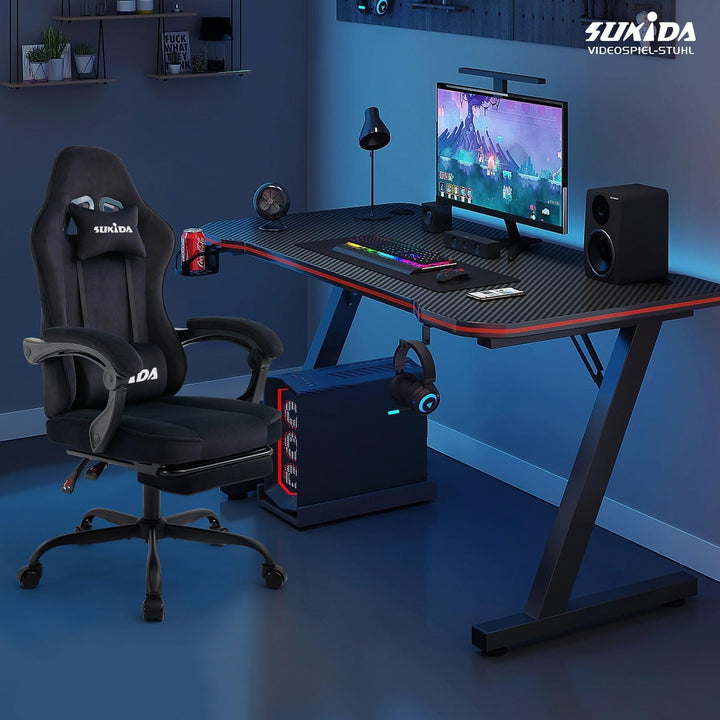 Gaming Stuhl Stoff ergonomisch mit Fussstütze und Lordosenstütze - Bild 3