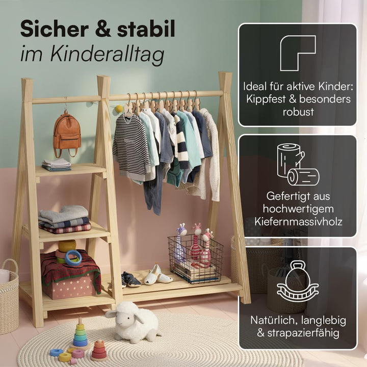 Kinder-Kleiderstange Massivholz Kiefer 4 Ablageflächen Montessori - Bild 6