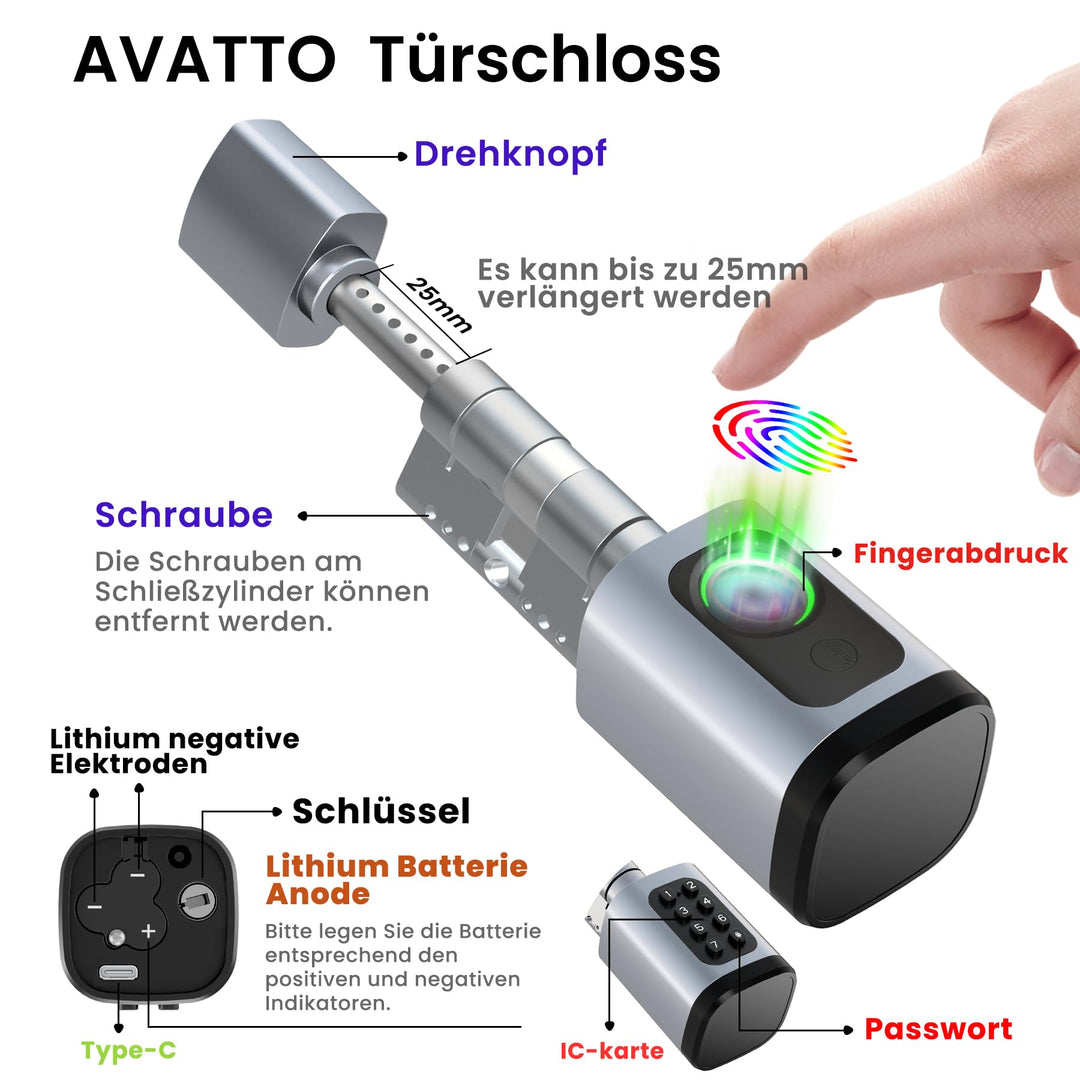 Smart Türschloss Fingerabdruck &amp; PIN für Türen 60-90 mm Silber - Bild 2