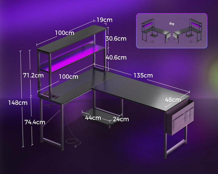 Gaming Tisch L-Form mit RGB-LED und Regal 135x100 cm Schwarz - Bild 3