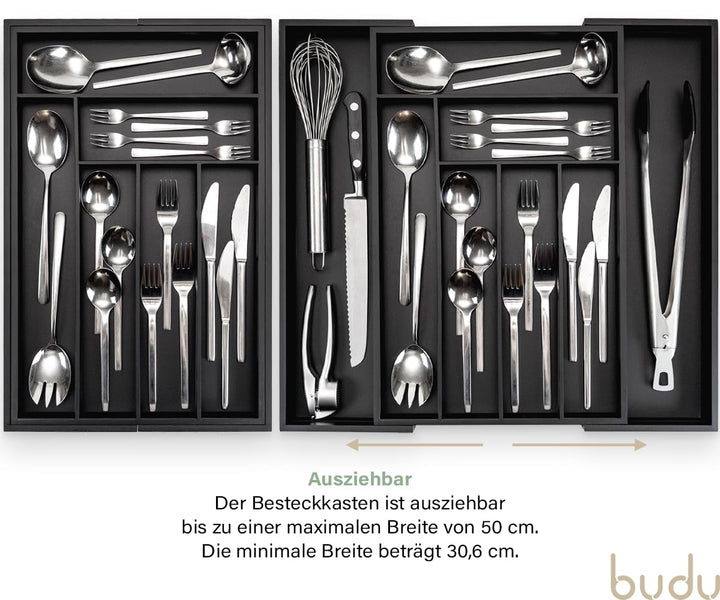 Besteckkasten Bambus ausziehbar 30-50x47x5 cm Schwarz - Bild 3