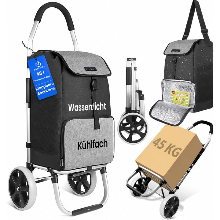 Einkaufstrolley XXL 45L klappbar mit Kühlfach und Sackkarren-Funktion