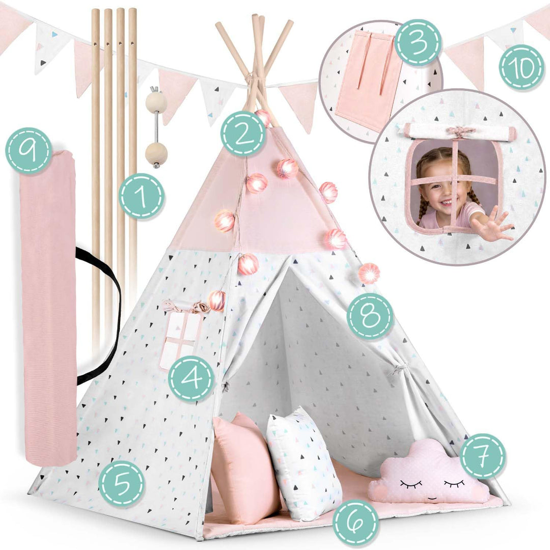 Kinderzelt Tipi Baumwolle mit Kissen Girlande Isoliermatte Rosa - Bild 9