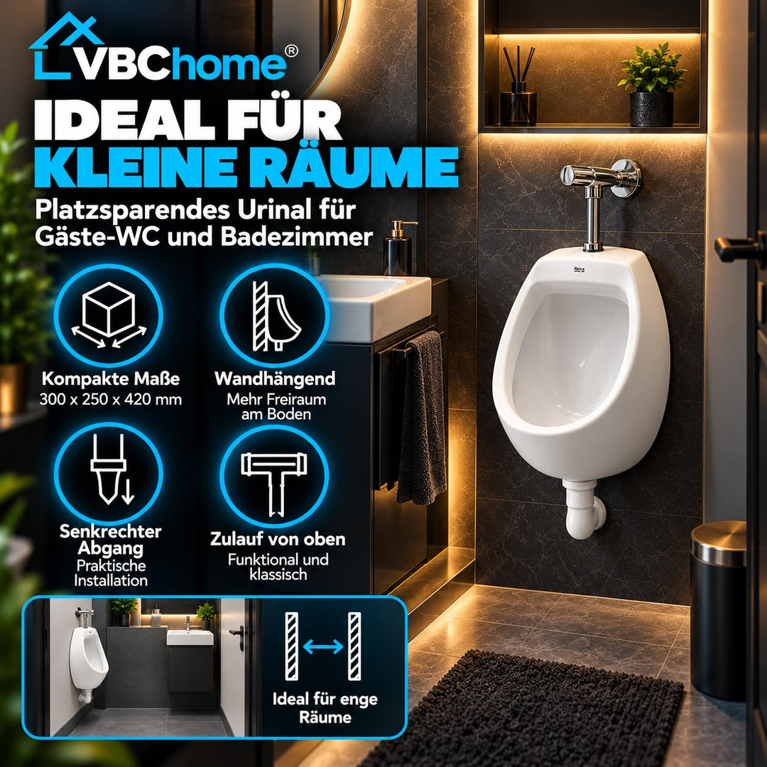 Wand-Urinal Keramik Mini mit Druckspüler und Siphon Weiß - Bild 6