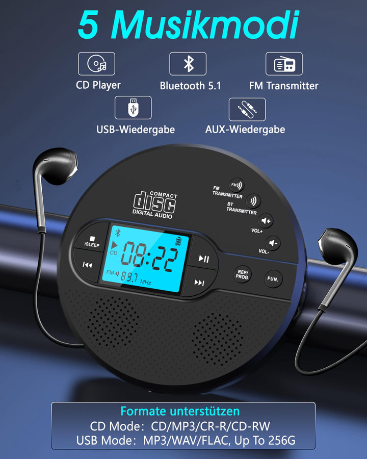 CD Player tragbar mit Bluetooth 5.3 und FM-Transmitter, LCD, 9h Akku - Bild 2
