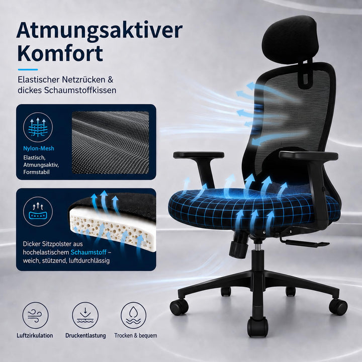 Bürostuhl ergonomisch Netz 4D-Lendenstütze Kopfstütze bis 150 kg - Bild 3