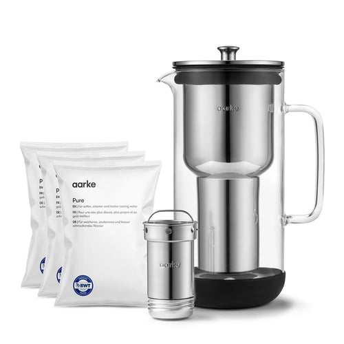 Wasserfilterkaraffe Glas & Edelstahl 2,4 L spülmaschinenfest mit 3x Filtergranulat