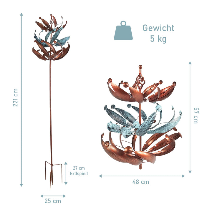Windrad Garten Metall mit gegenläufigen Rotoren, Kupferoptik, 221 cm - Bild 3