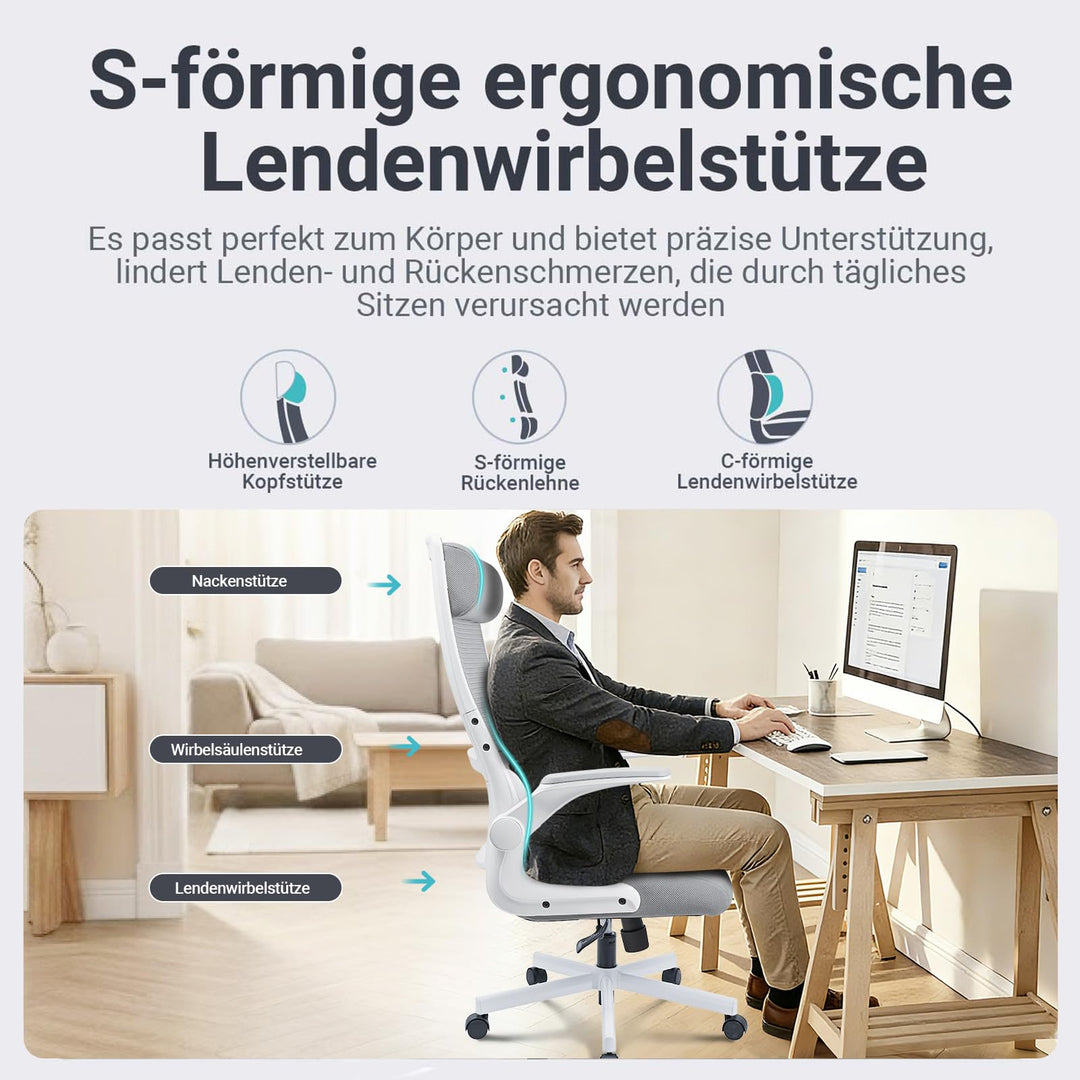 Bürostuhl Ergonomisch EN 1335 mit klappbaren Armlehnen Grau