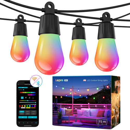 LED Lichterkette Aussen WLAN 15m Smart S14 Glühbirnen RGB