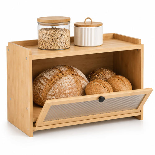 Brotkasten Bambus gross mit Schneidebrett und Acrylfront 40x26x23cm