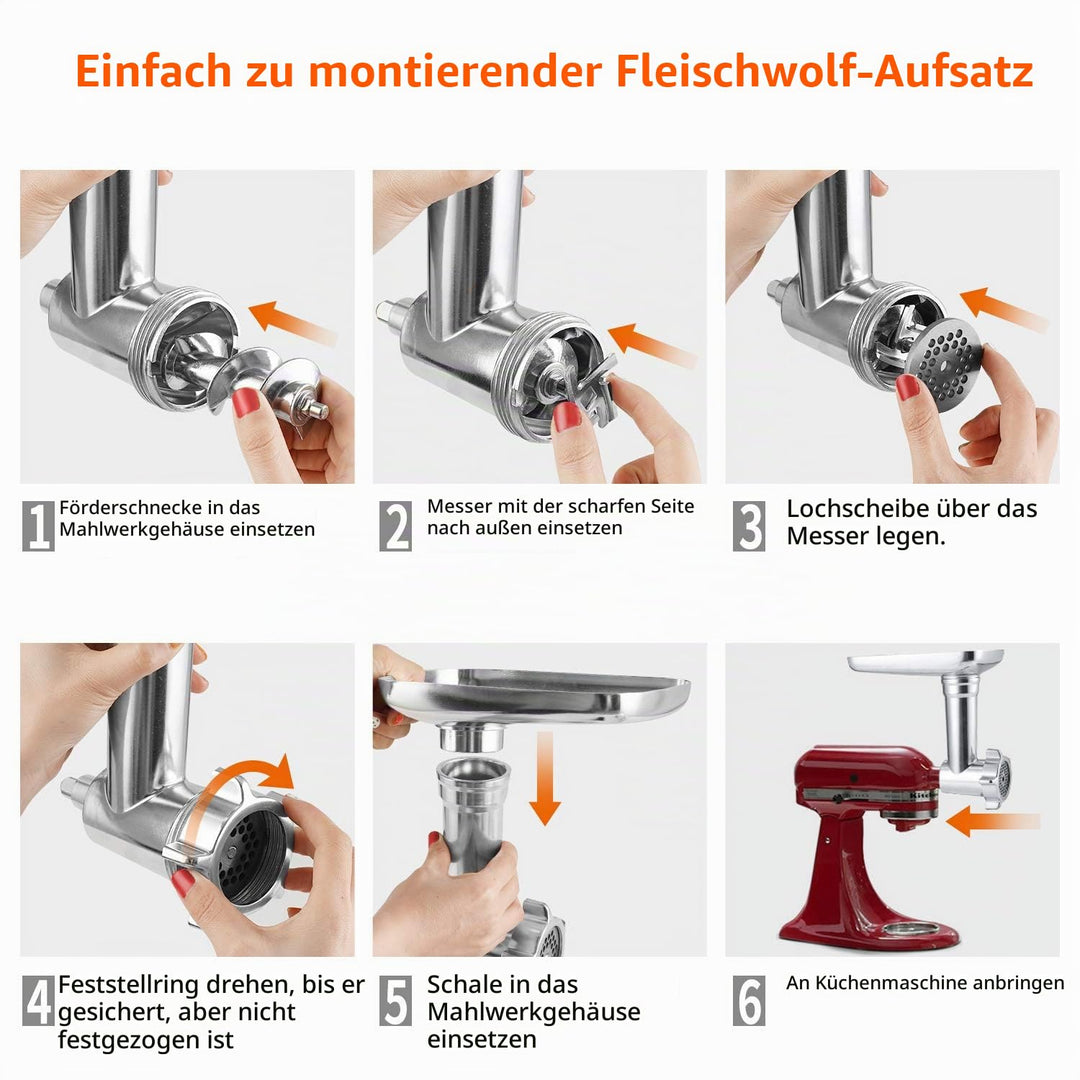 Fleischwolf-Aufsatz für KitchenAid Aluminium &amp; Edelstahl mit Wurstfüller - Bild 4